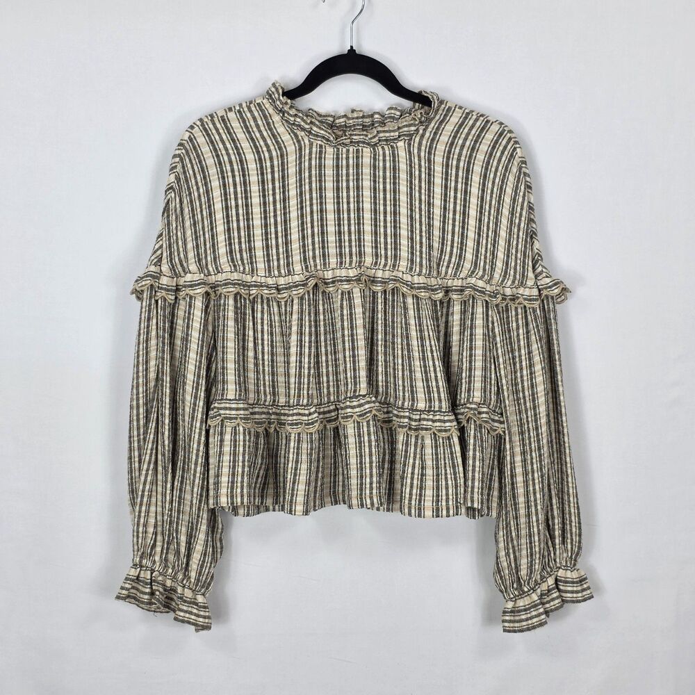 Anthropologie Pilcro Tiered Babydoll Blouse Small Long Sleeve Striped Ruffled